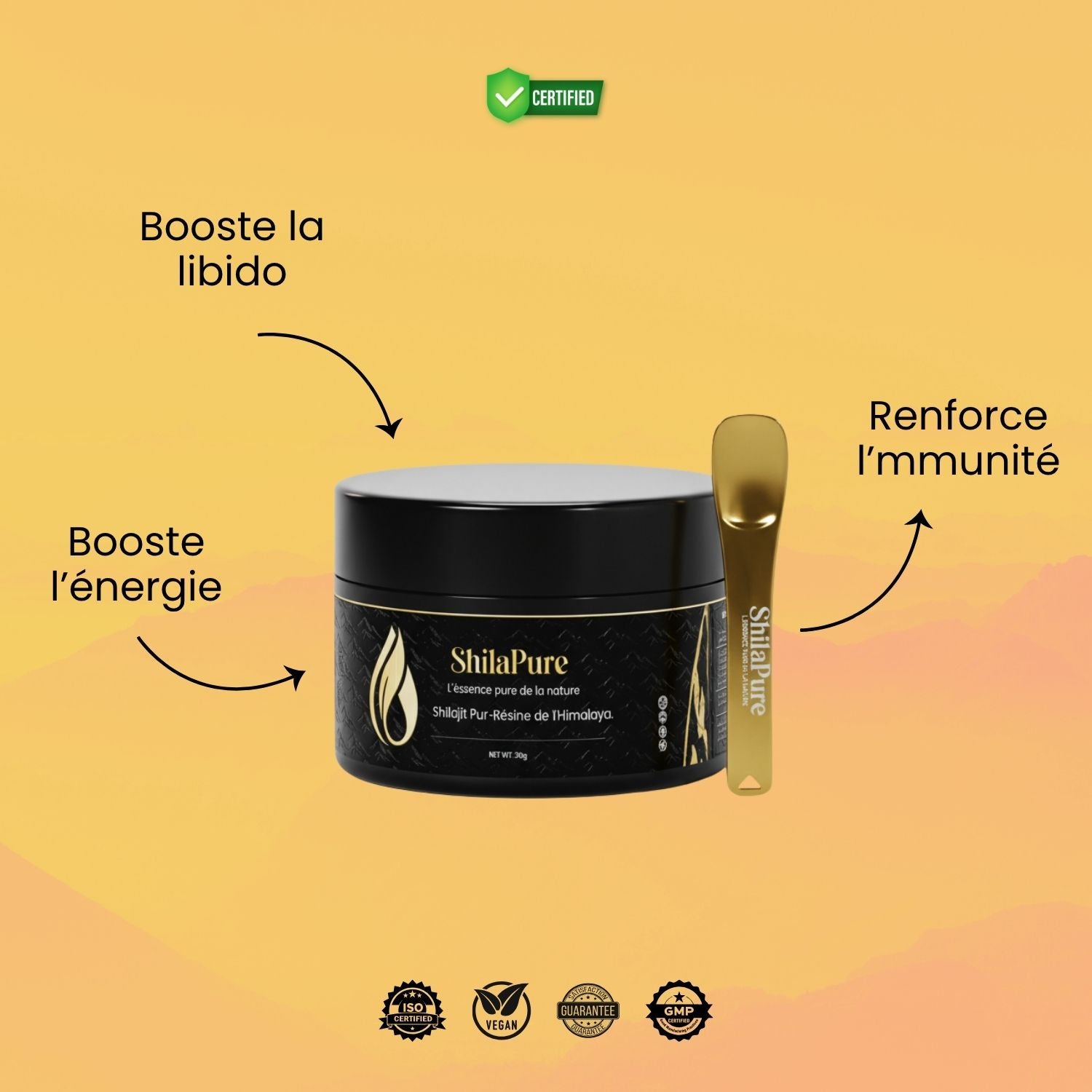Visuel Shilapure Shilajit au centre avec 3 bienfaits principaux : énergie, immunité, vitalité.